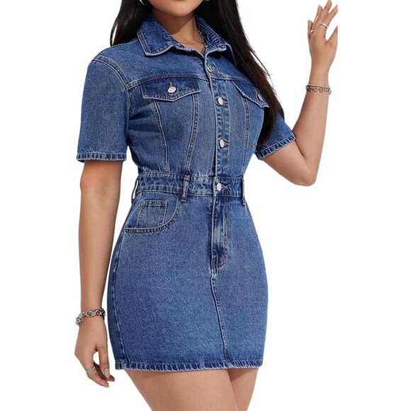 Women's Denim Dress Short Sleeve Button Babydoll Casual Summer - Picture 1 of 2